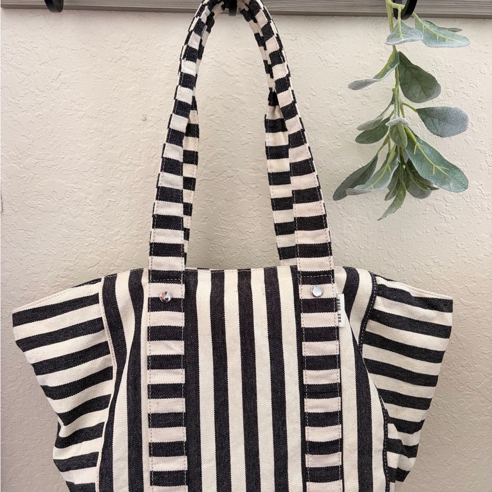 Rae Dunn Black White Striped Canvas Tote Bag Farmhouse Minimalist Shoulder Bag - Picture 1 of 13